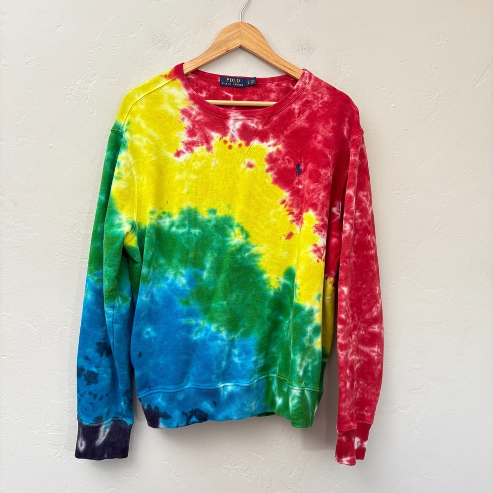 Polo Ralph Lauren Tie Die Sweatshirt Men Size Large Rainbow Pullover Long Sleeve